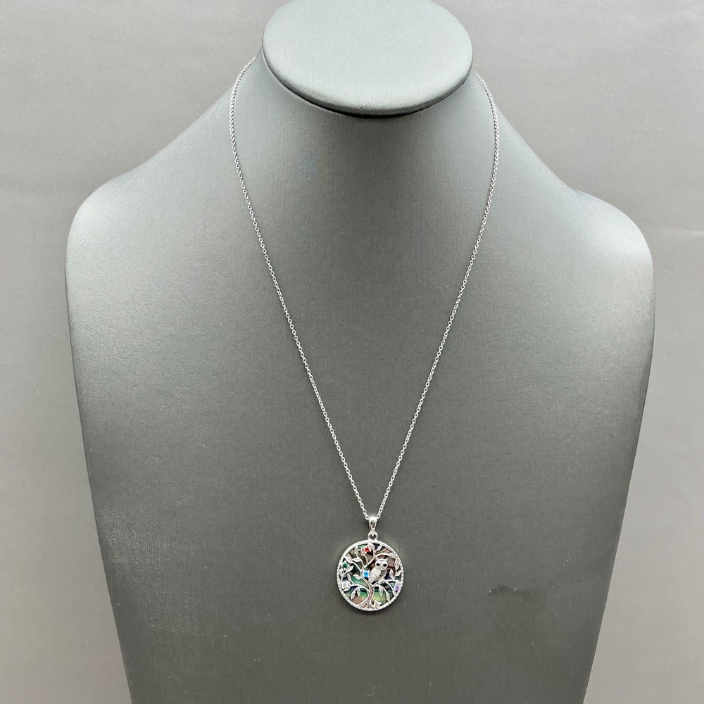 Tree of Life Owl Pendant Necklace Women Silver Tone Abalone Shell Multi-Color
